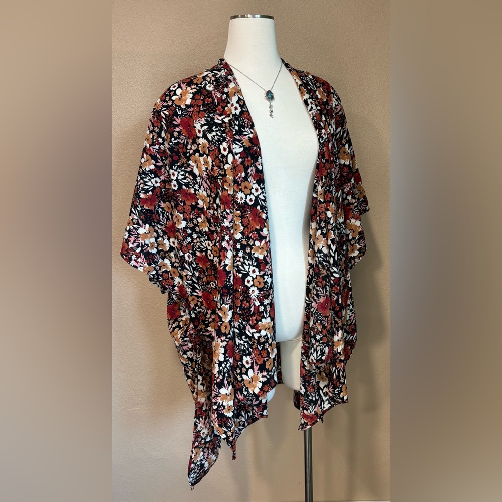 Floral Open-Front Kimono Cardigan - Black with Rust and Cream Floral